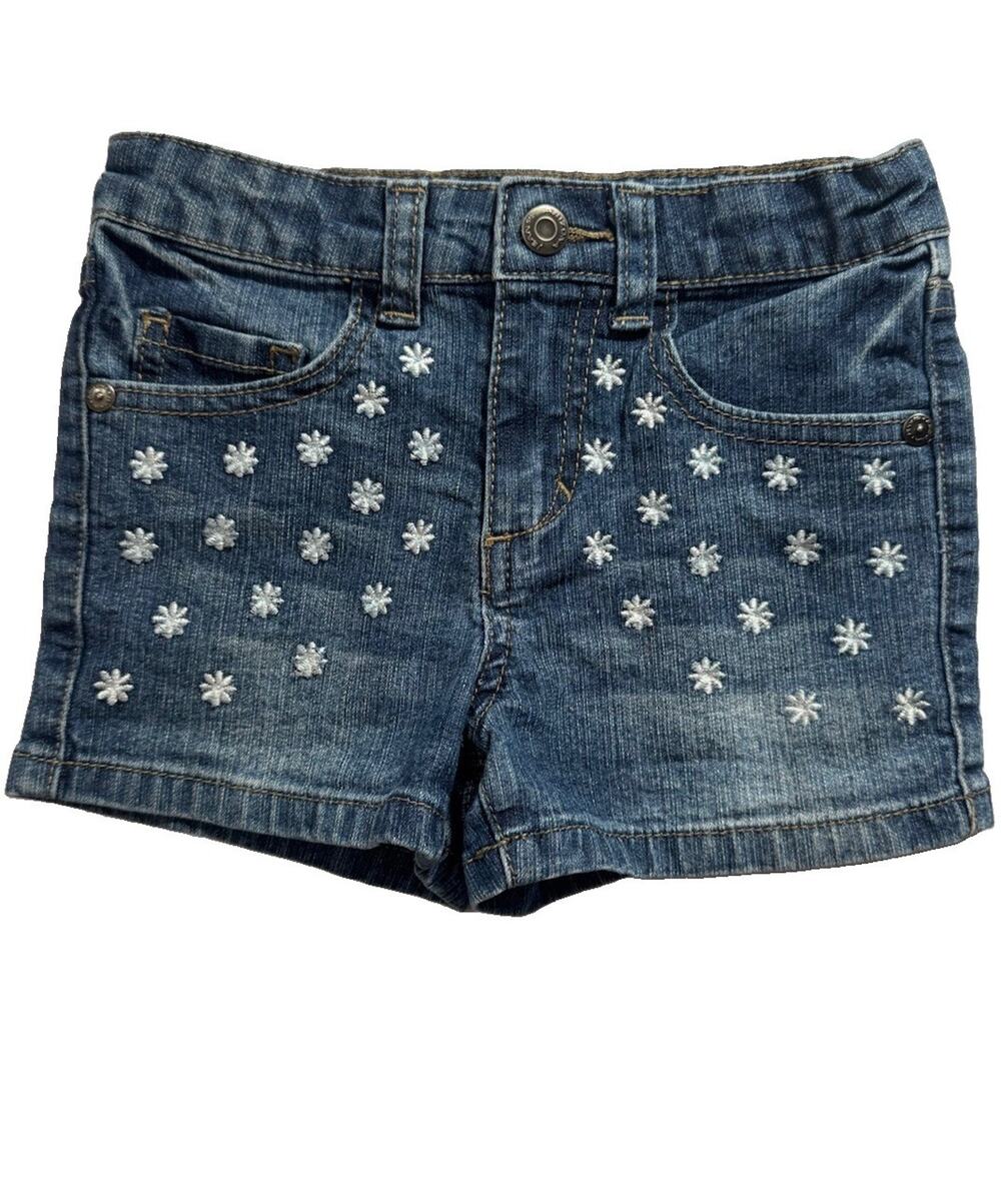 Arizona Jean Co Girls Denim Shorts Size 5 Floral Embroidered Adjustable Waist